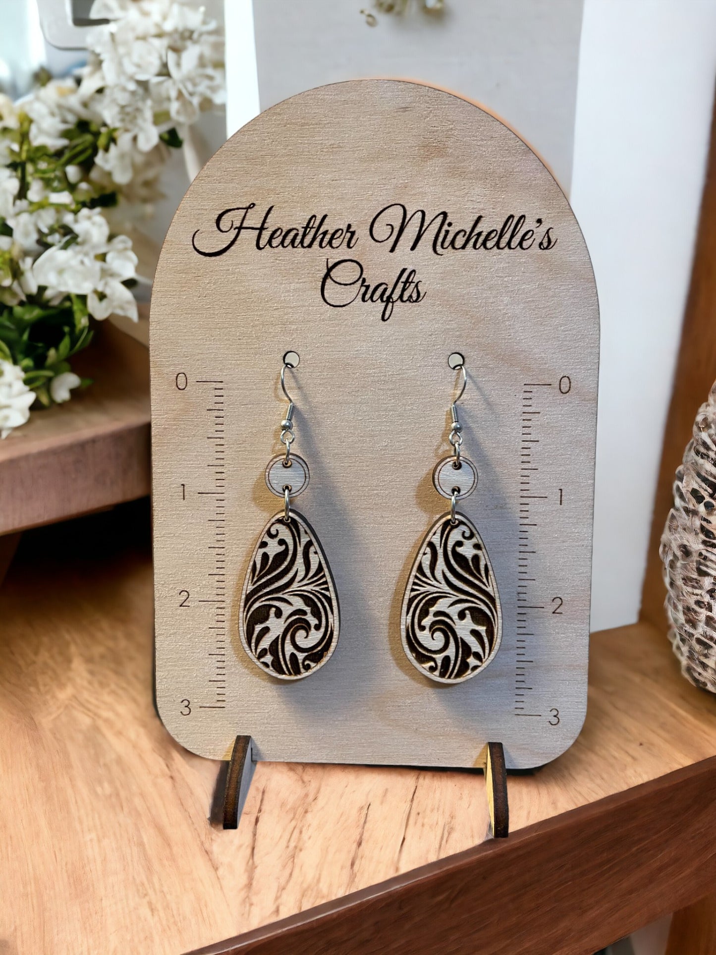 Earrings -Damask Swirl Dangle Design, natural engraved wood or Color Wash Tint options