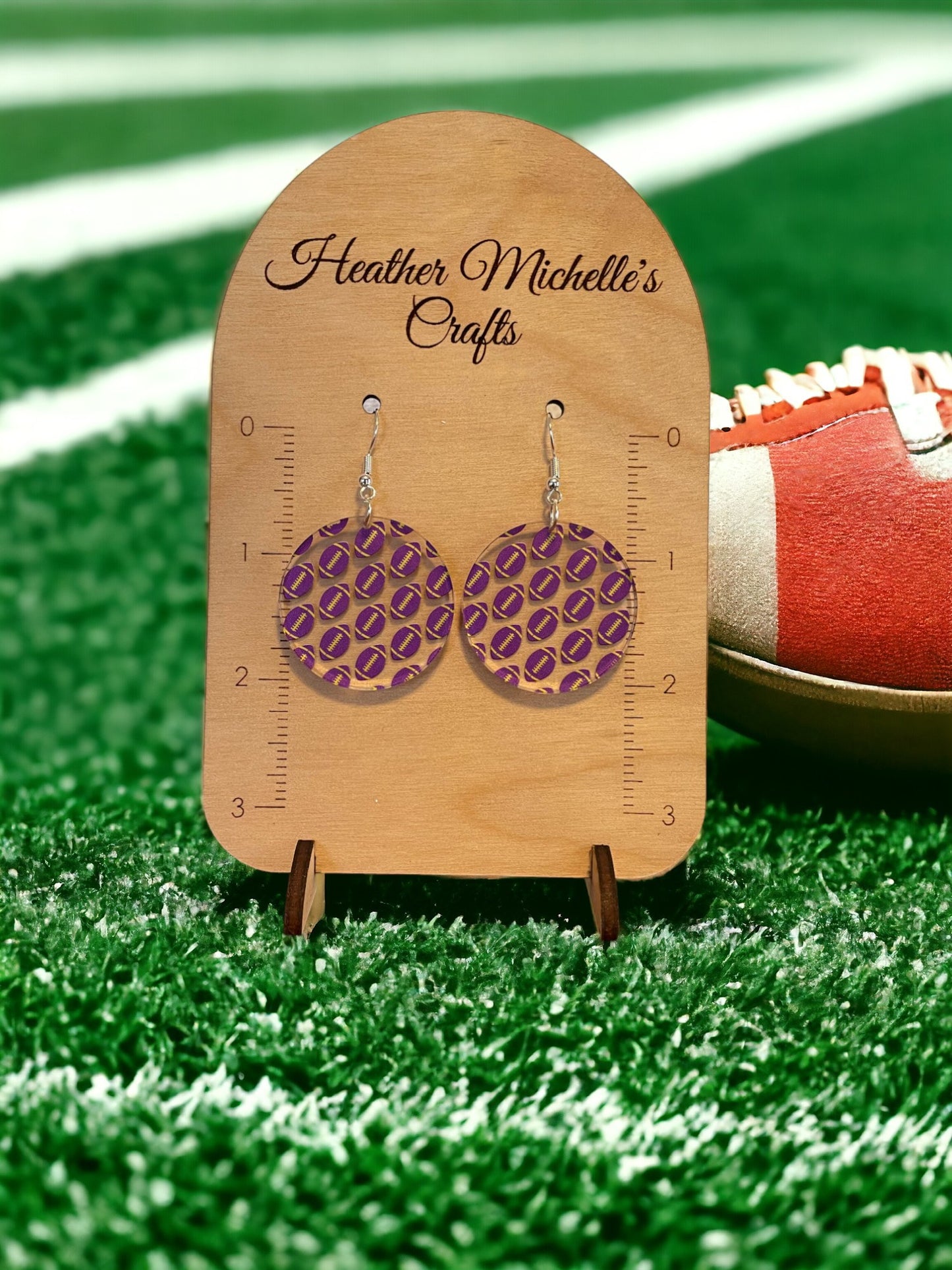 Earrings - Acrylic Footballs in Purple and Yellow, 6 styles available