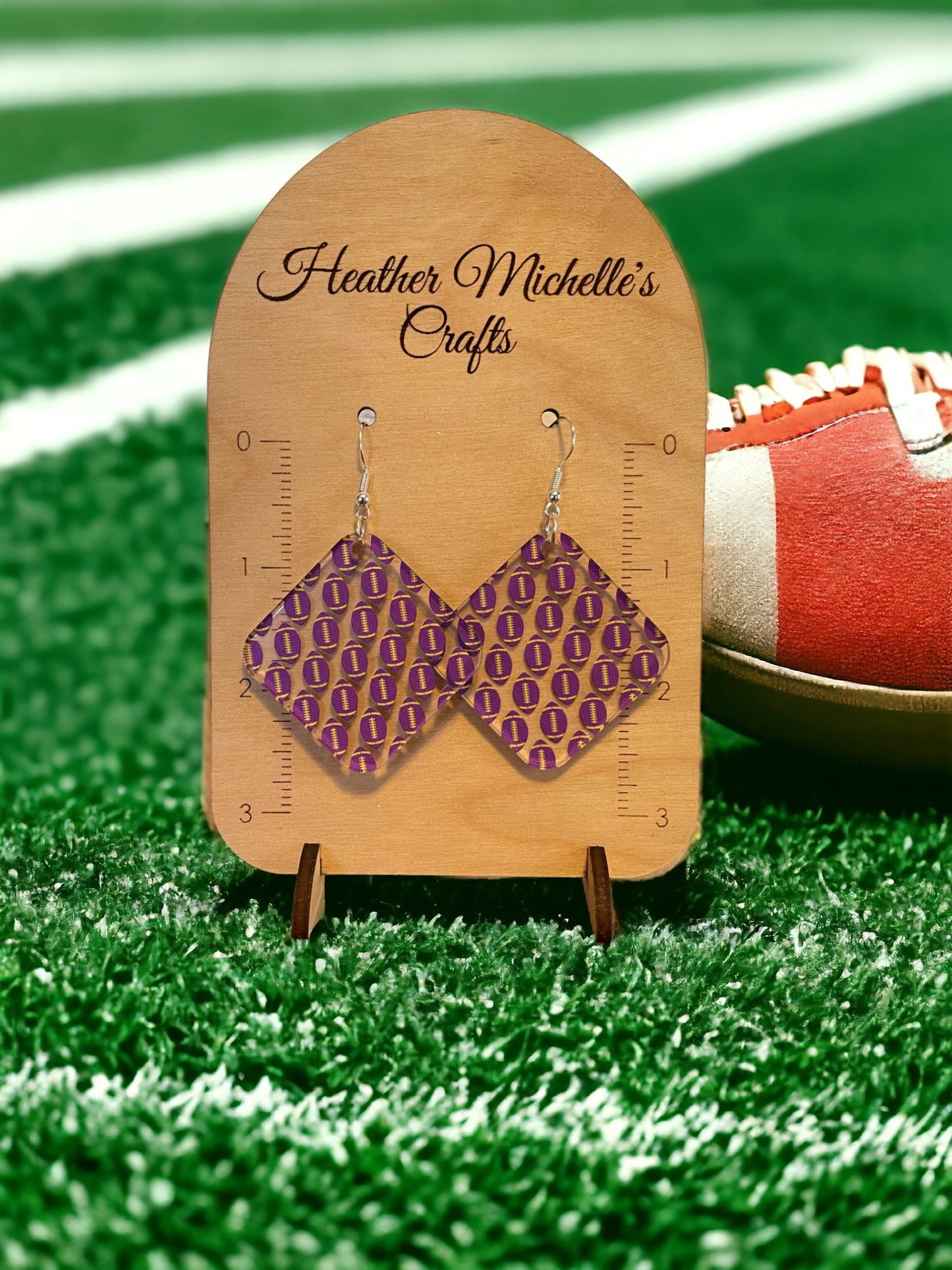 Earrings - Acrylic Footballs in Purple and Yellow, 6 styles available