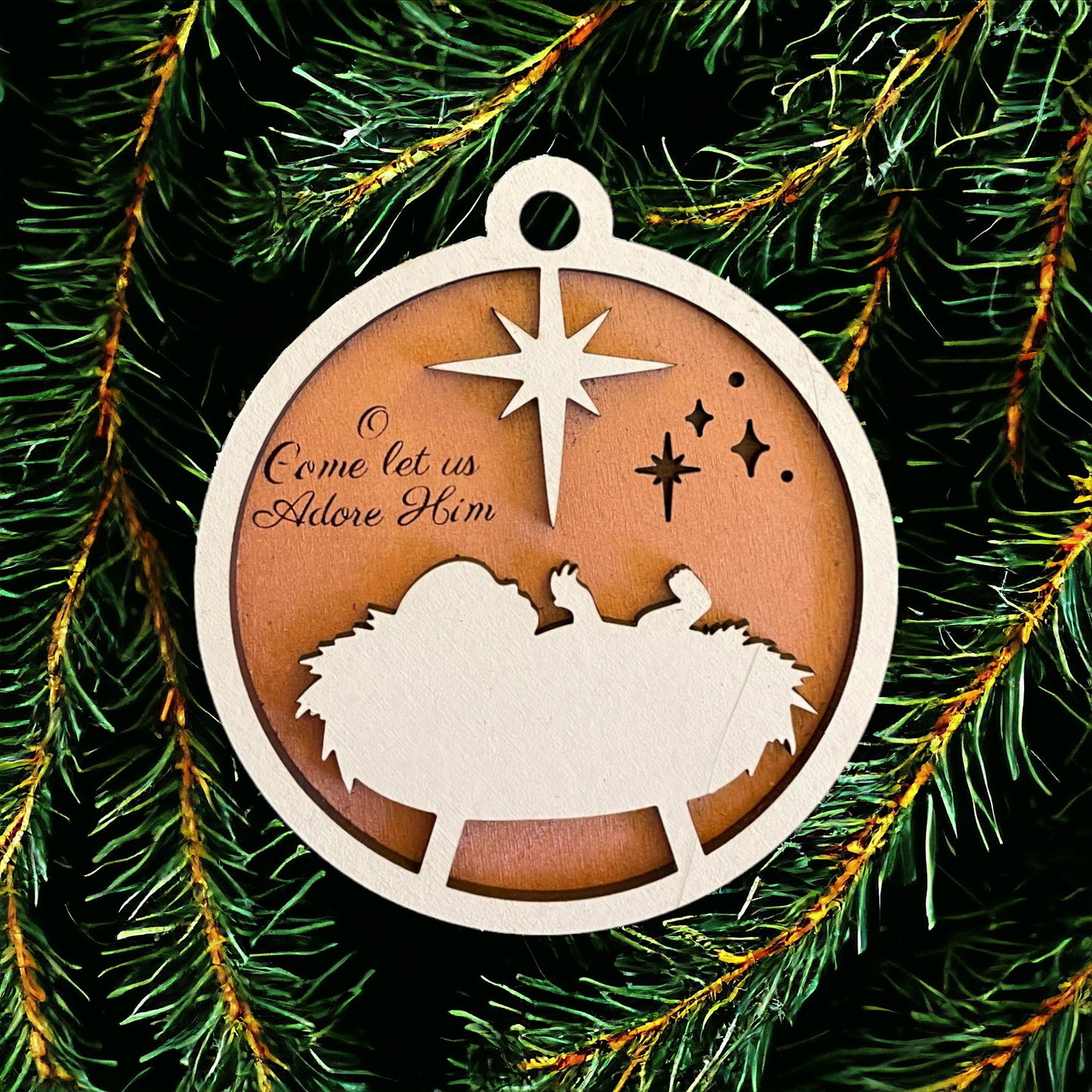 Ornament - Layered Baby Jesus "Oh Come let us Adore Him"