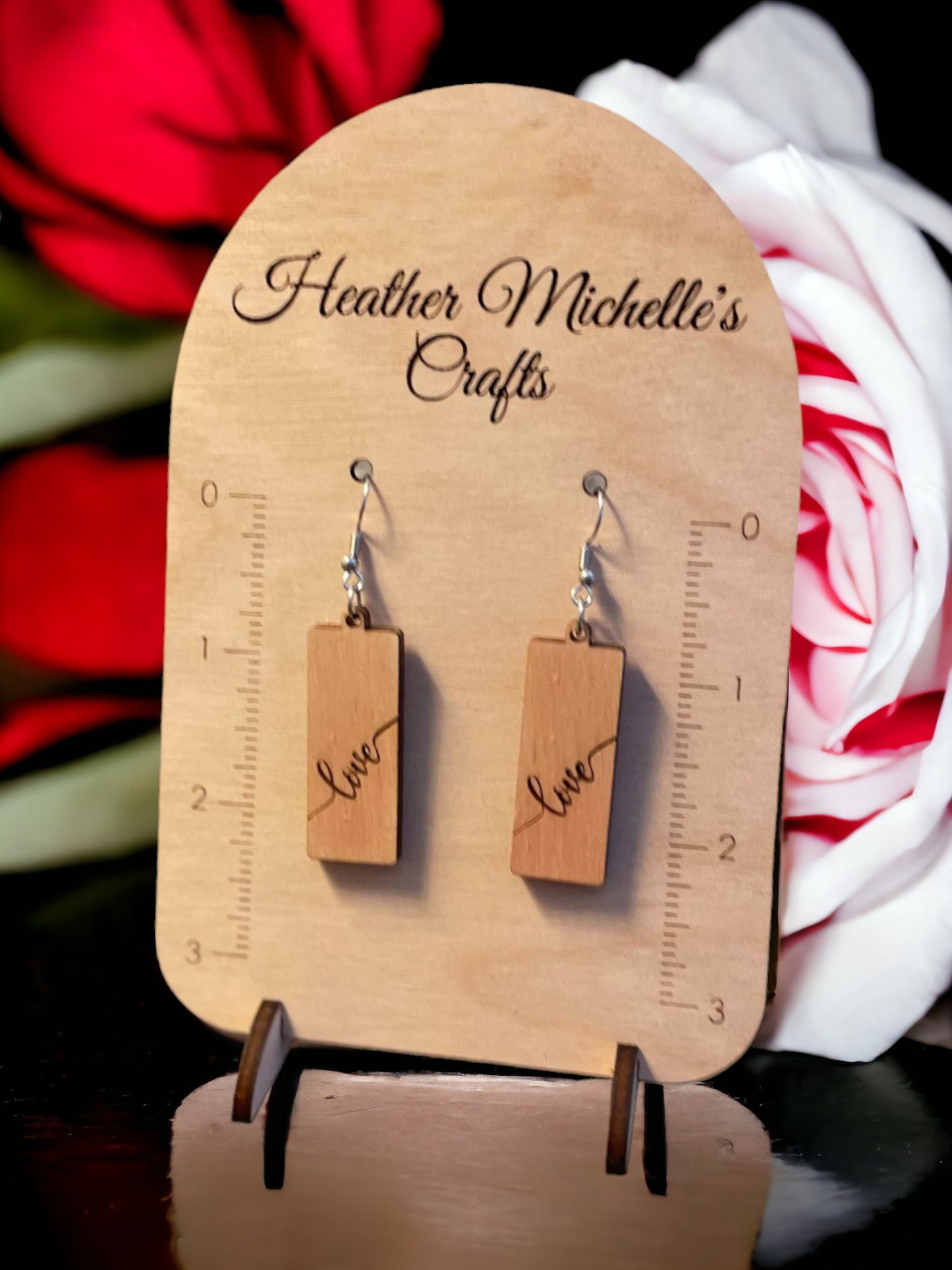 Earrings - Love Dangle Design, natural engraved wood or Color Wash Tint options