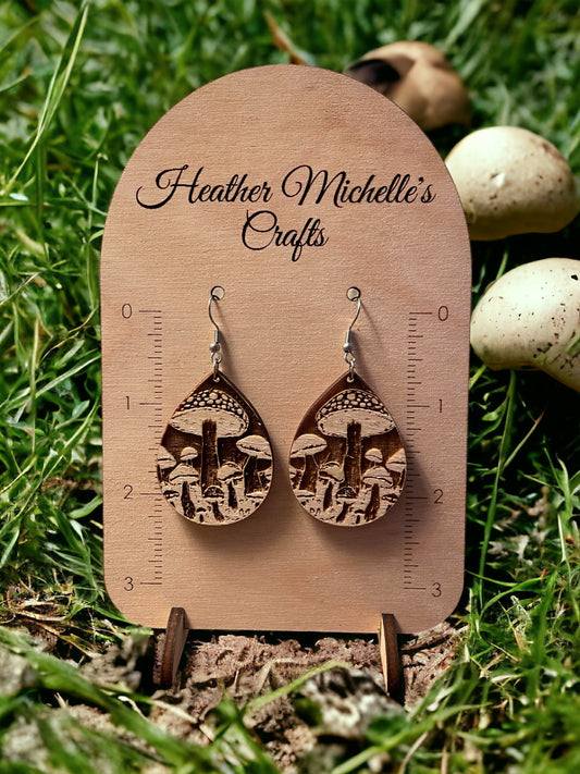 Earrings - Mushroom Design 2, natural engraved wood