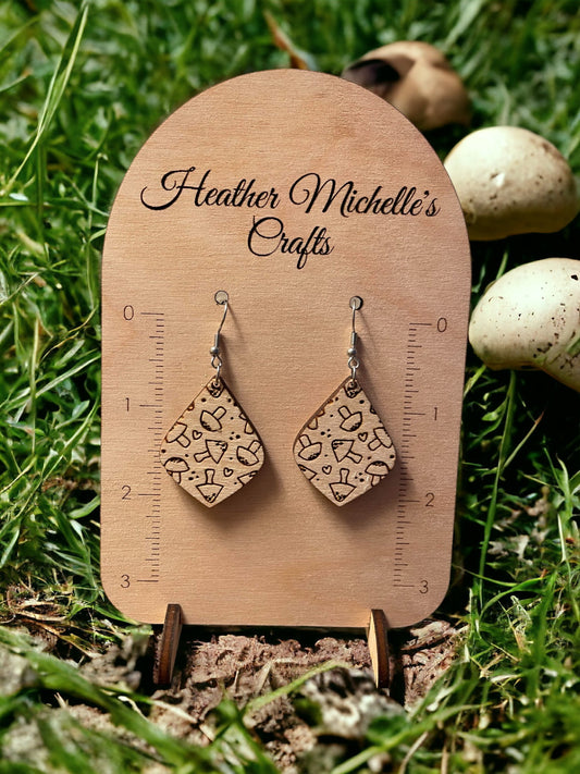 Earrings - Mushroom Design 1, natural engraved wood