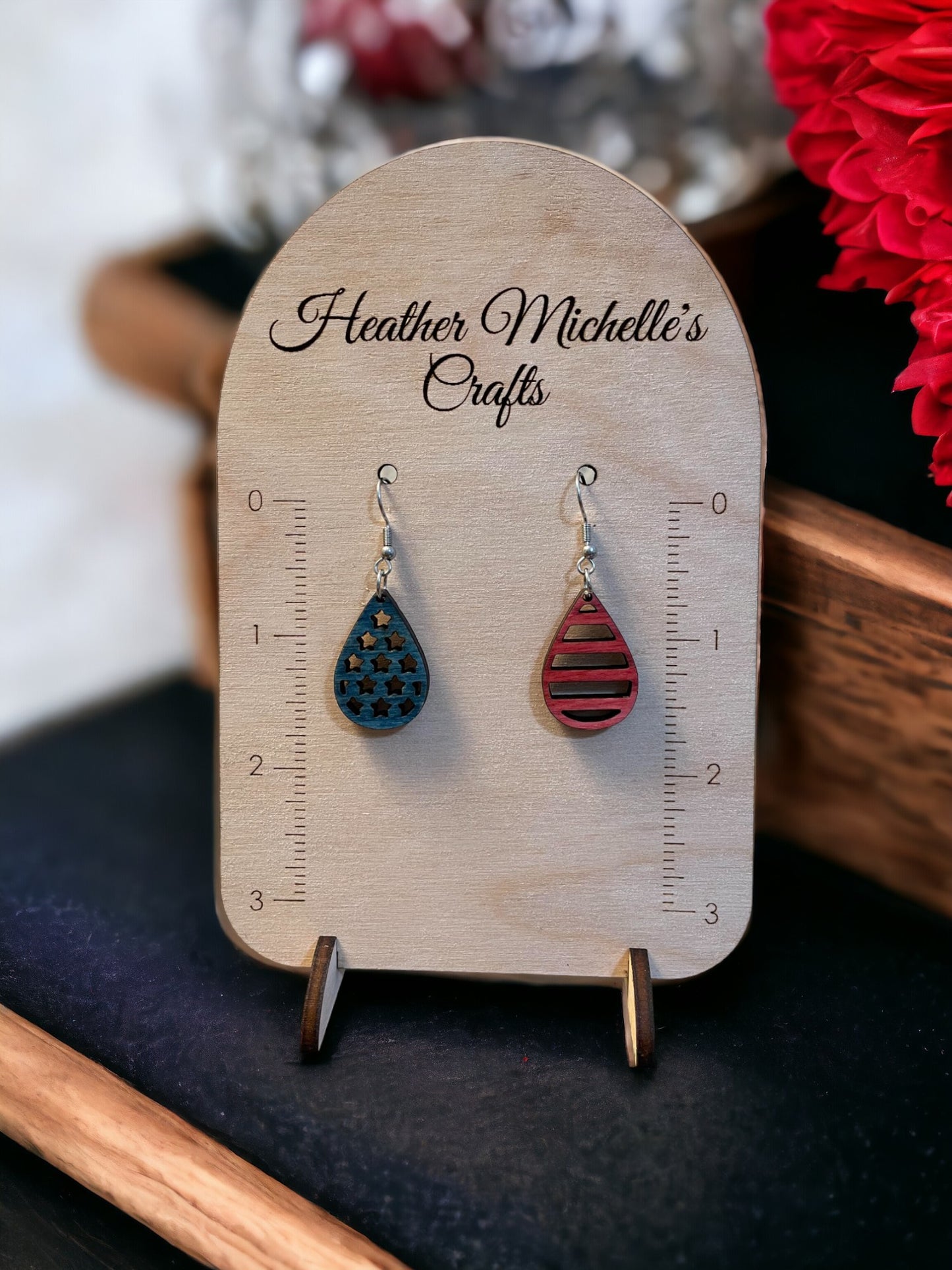 Earrings -Stars and Stripes Dangle Earrings, Stained Red and Blue