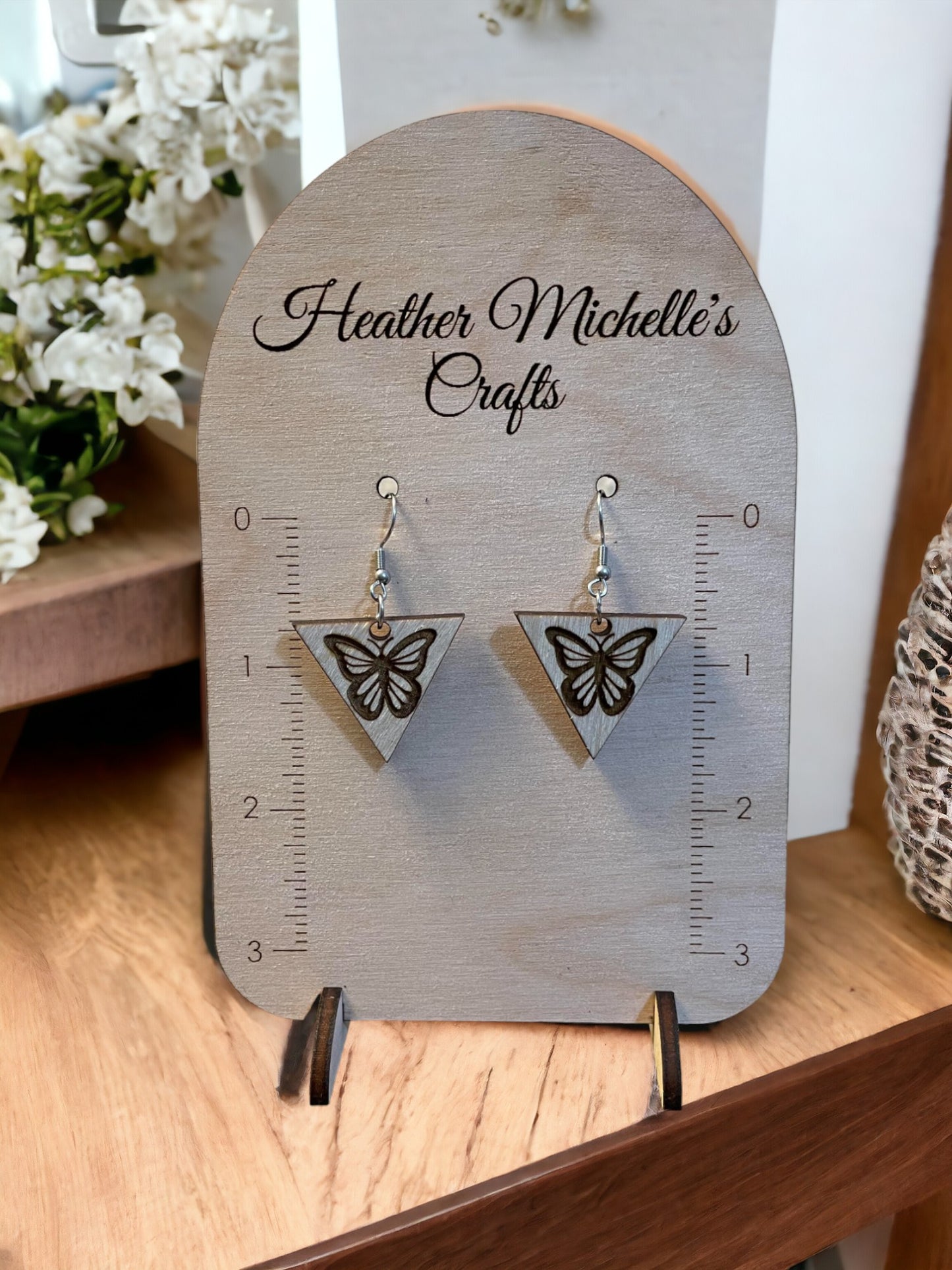 Earrings - Butterfly on Triangle, natural engraved wood