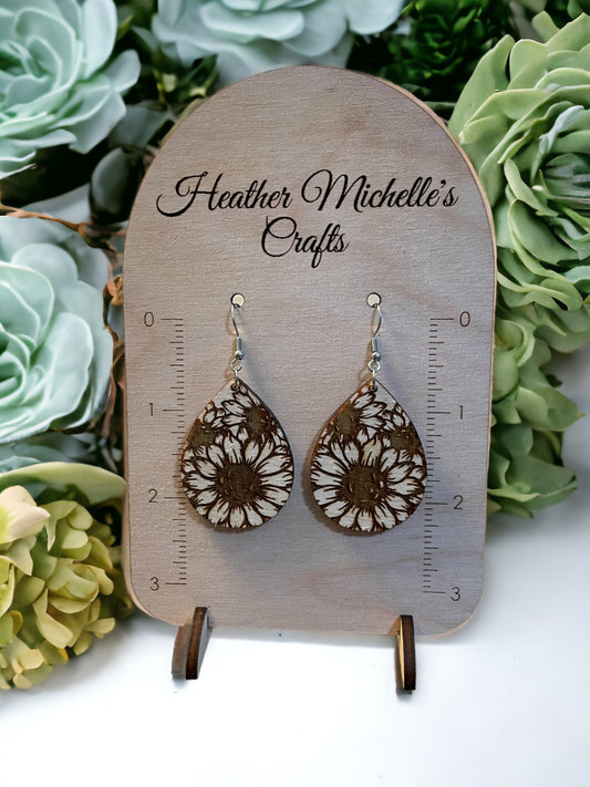 Earrings - Sunflower #2, natural engraved wood