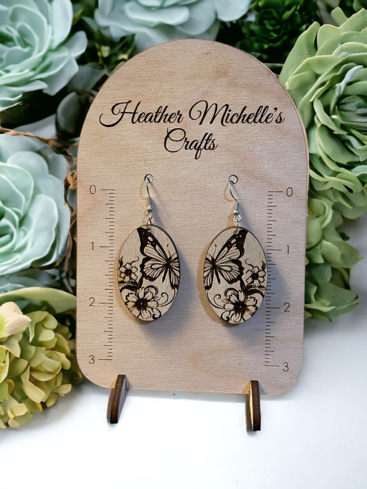 Earrings - Butterfly Design on Oval, natural engraved wood