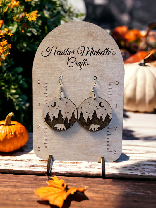 Earrings - Bear with Night Sky, natural engraved wood