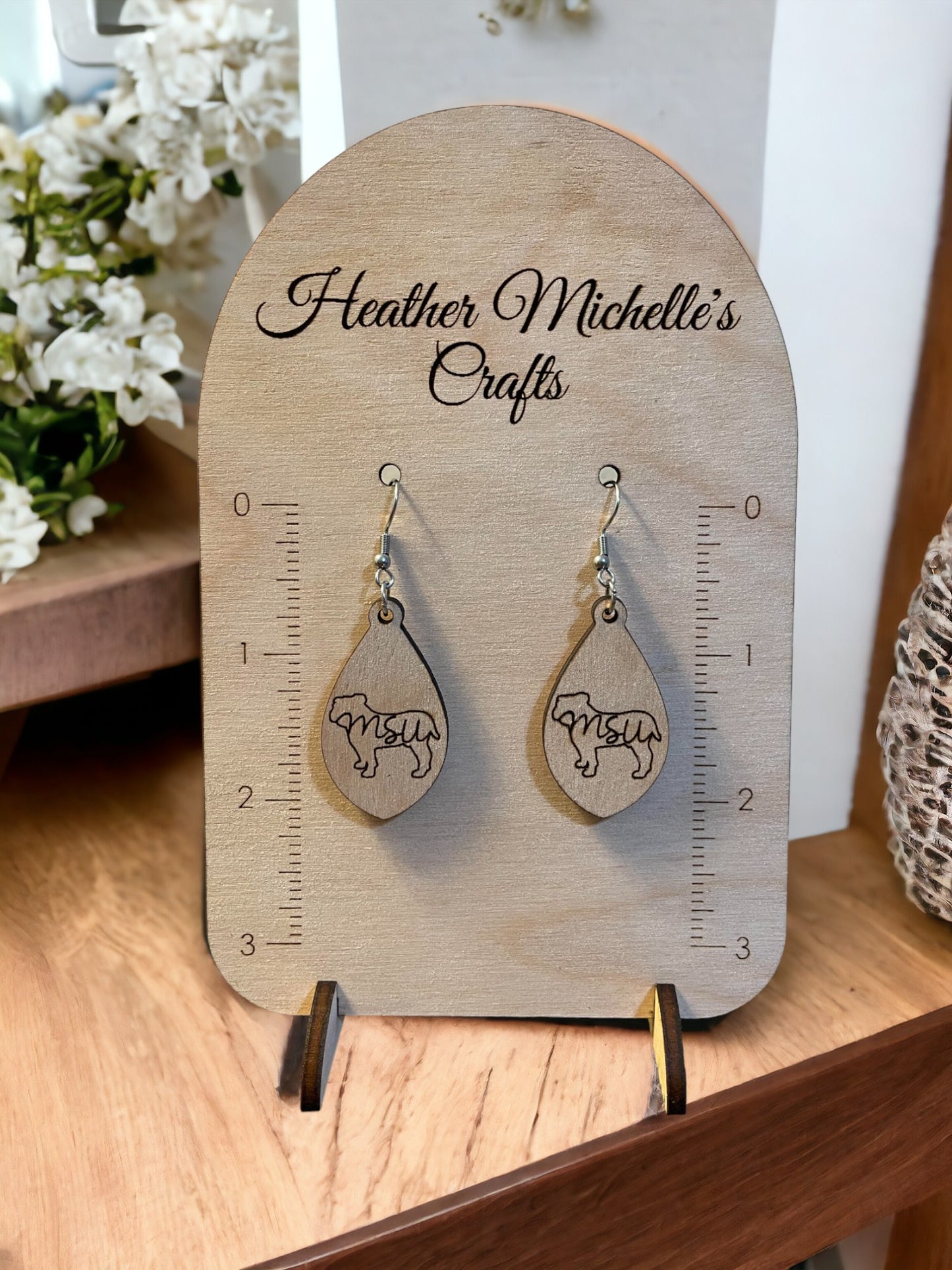 Earrings - MSU Bulldog, natural engraved wood