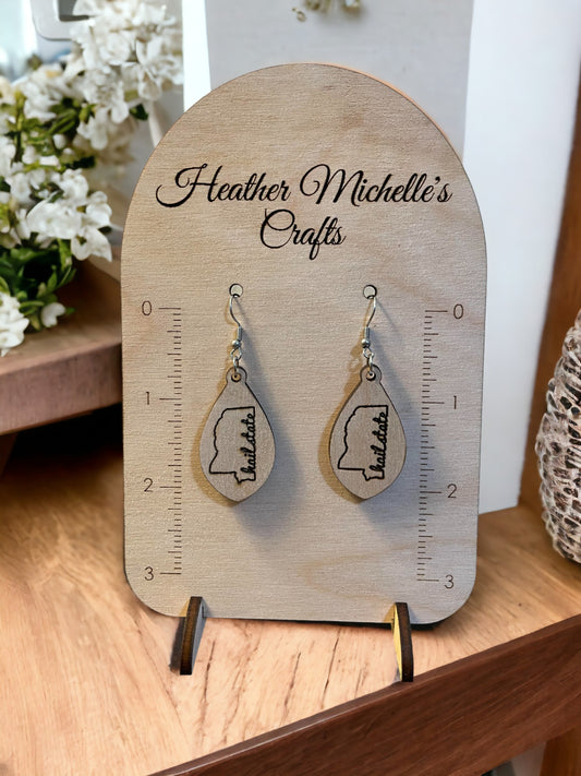 Earrings - Mississippi "Hail State", natural engraved wood