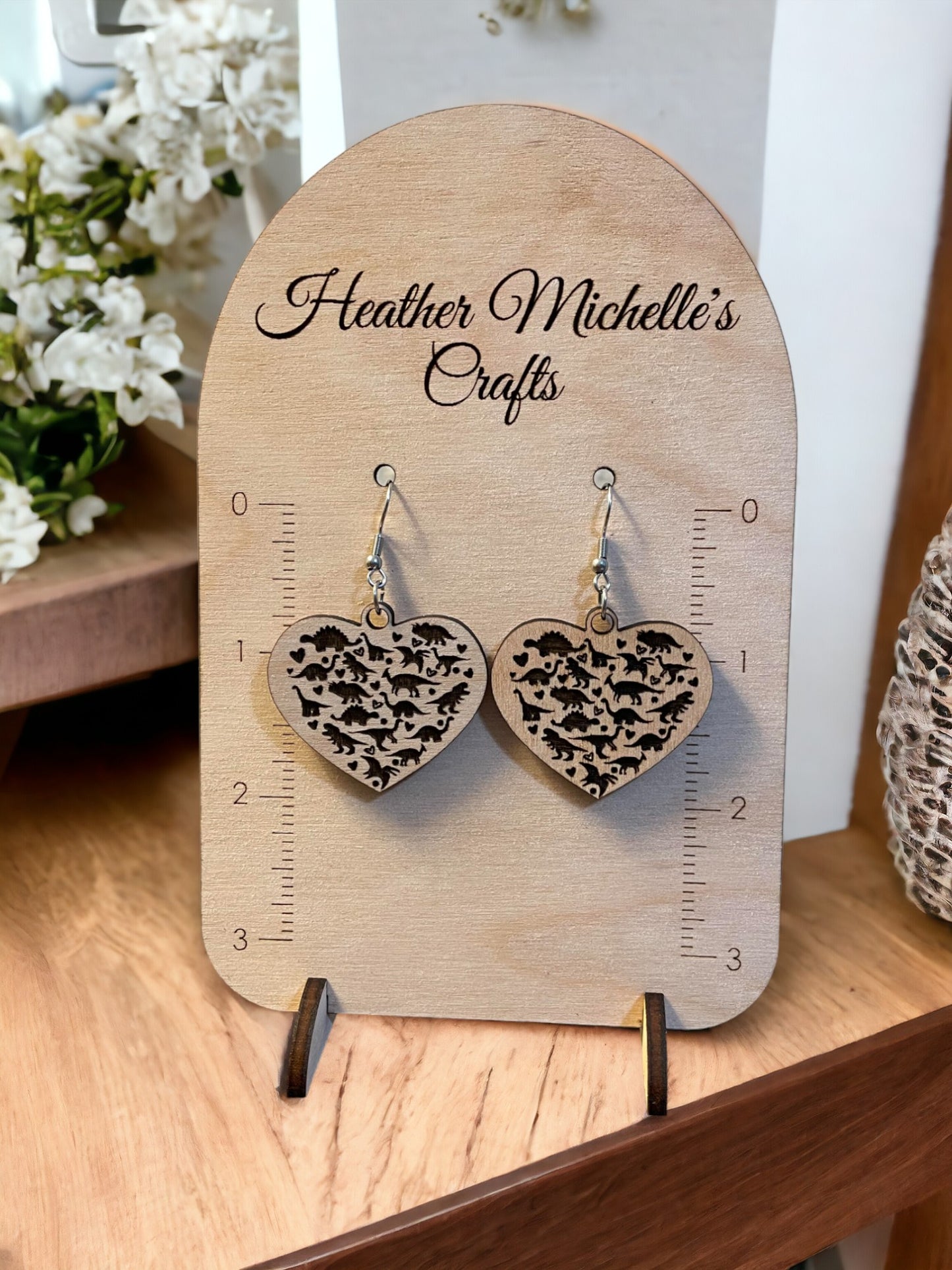 Earrings - Dinosaur Heart, natural engraved wood