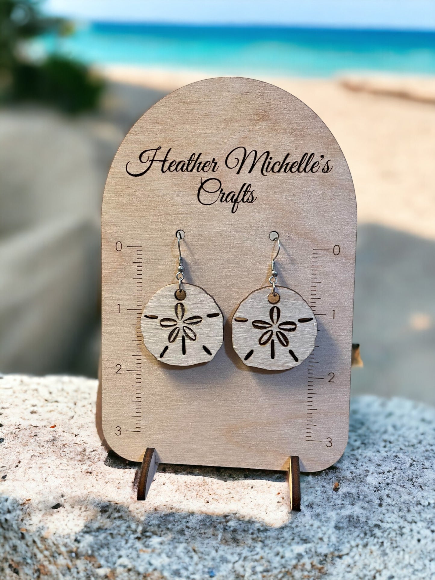 Earrings - Sand Dollar Design, natural engraved wood or Color Wash Tint options