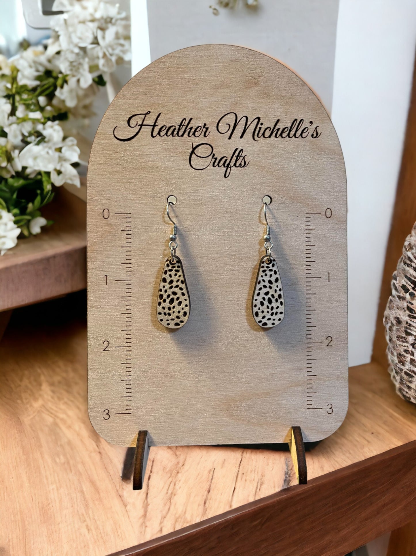 Earrings - Short Spotted Dangle Design, natural engraved wood or Color Wash Tint options