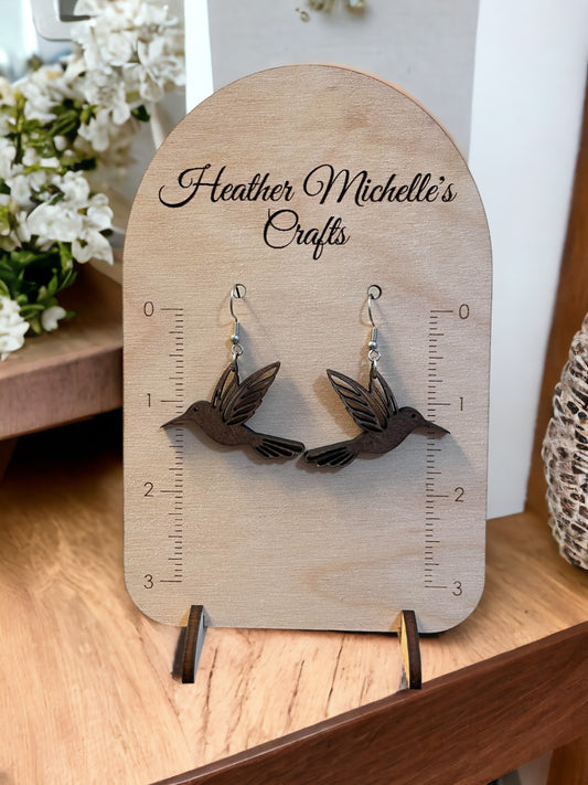 Earrings - Hummingbird Design, natural engraved wood or Color Wash Tint options