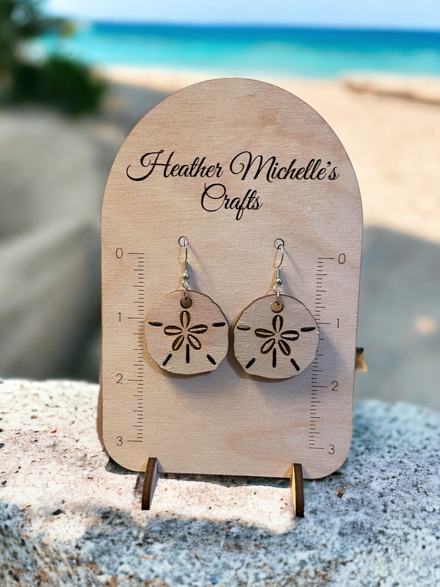 Earrings - Sand Dollar Design, natural engraved wood or Color Wash Tint options