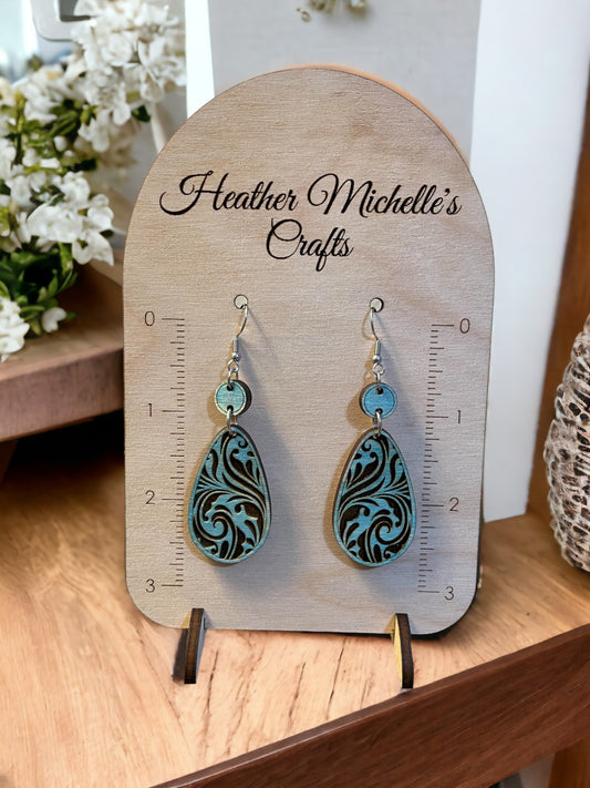 Earrings -Damask Swirl Dangle Design, natural engraved wood or Color Wash Tint options