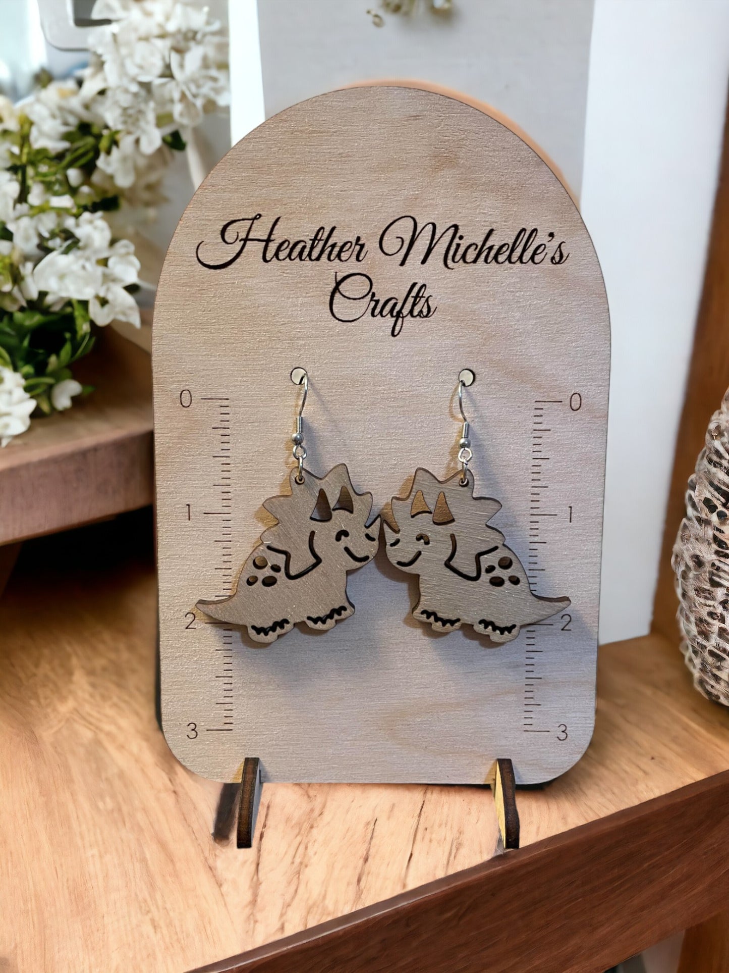 Earrings -Triceratops Dinosaur Design, natural engraved wood or Color Wash Tint options