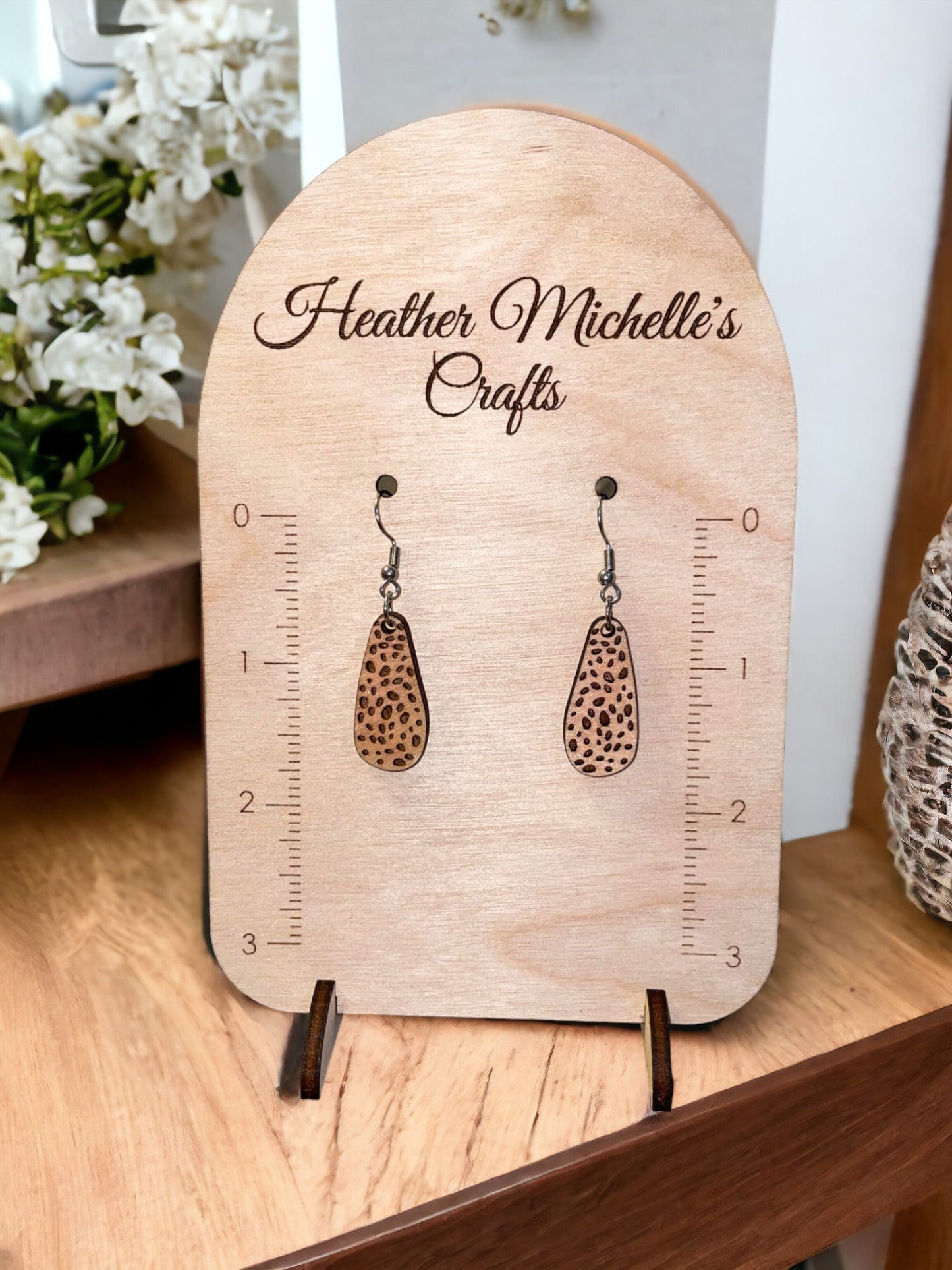 Earrings - Short Spotted Dangle Design, natural engraved wood or Color Wash Tint options