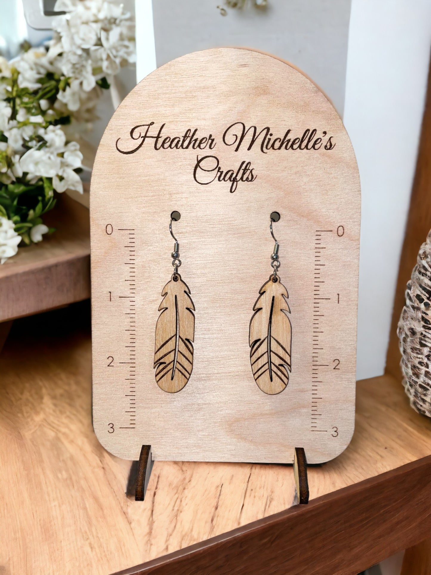 Earrings -Feather, natural engraved wood or Stained Wood options