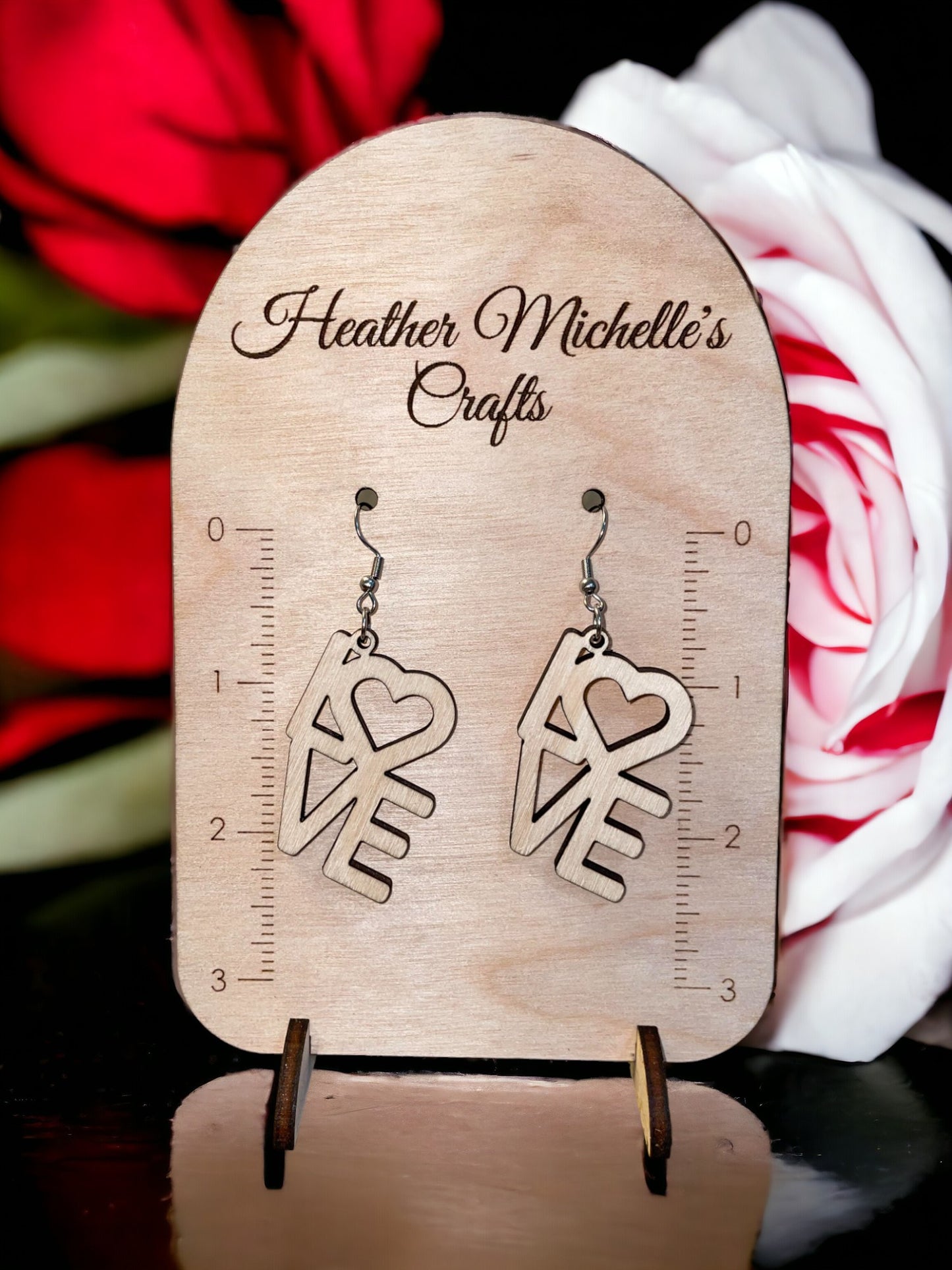 Earrings -LOVE Word Stack Dangle, natural engraved wood or Color Wash Tint options