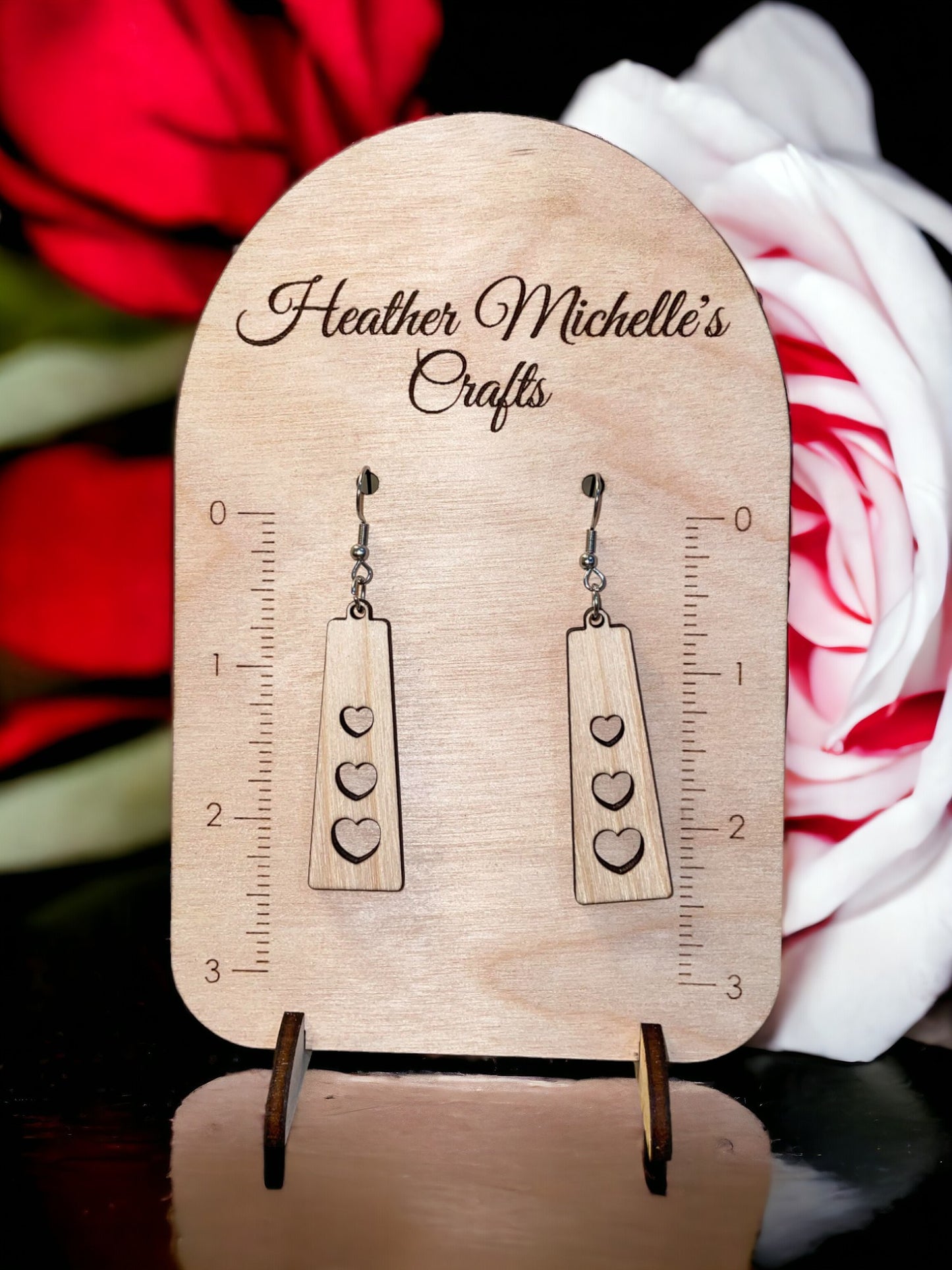 Earrings -Trapezoid Dangle with Heart Cutouts, natural wood or Color Wash Tint options