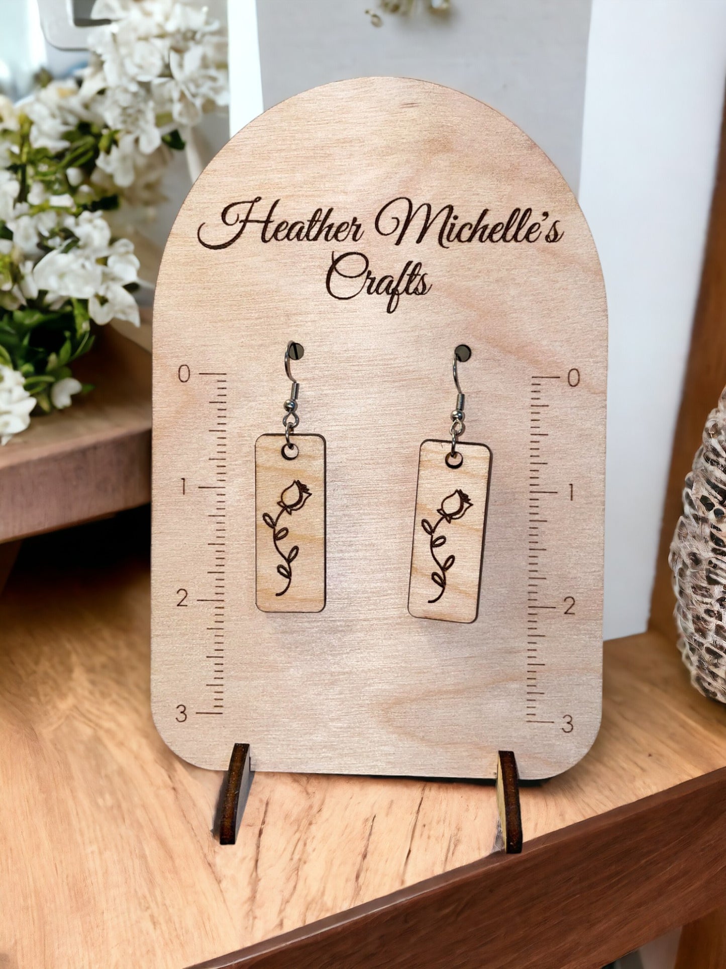 Earrings -Rose Dangle, natural engraved wood or hand painted options