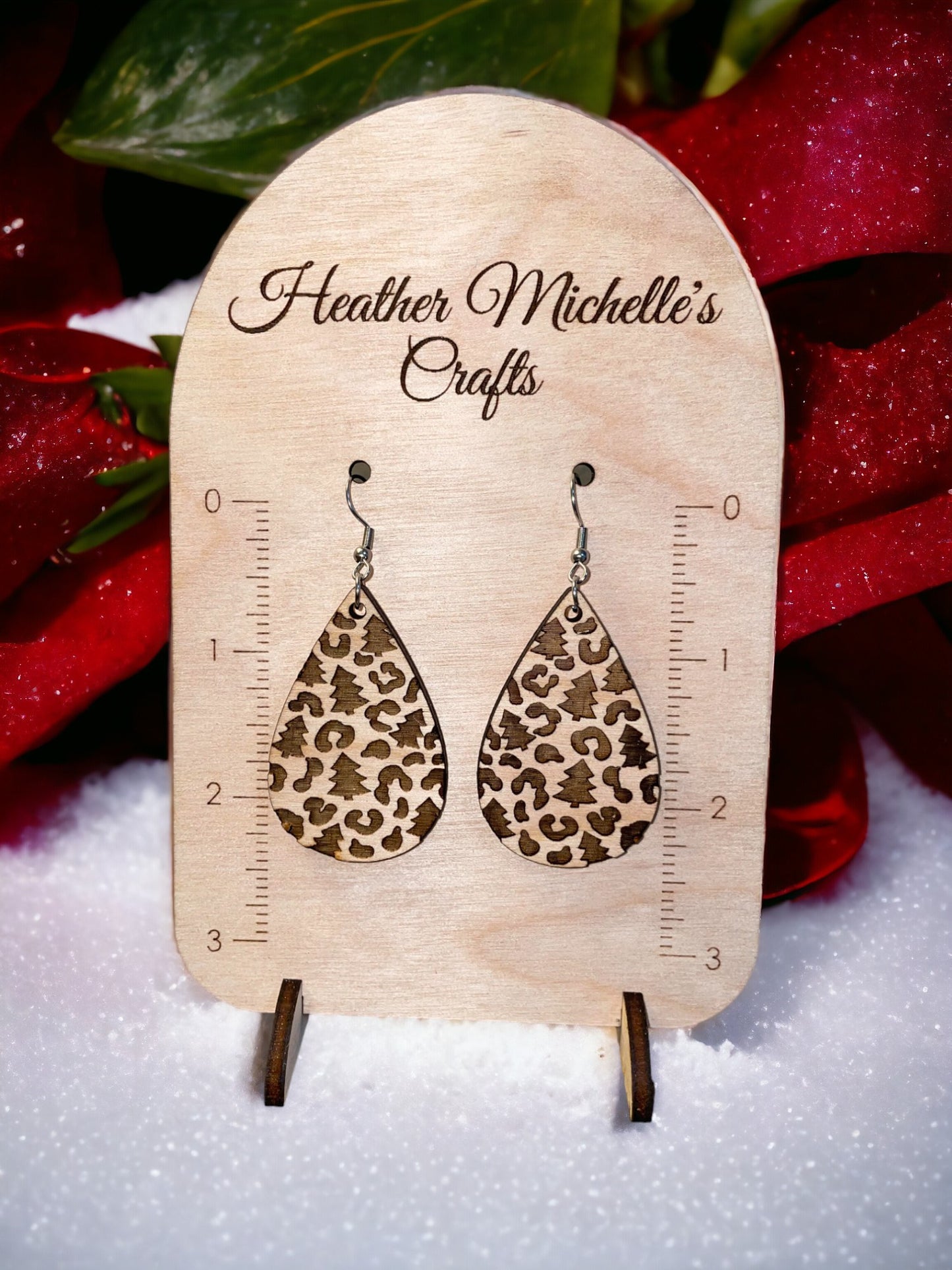 Earrings - Christmas Tree Leopard Print Dangle, natural engraved wood