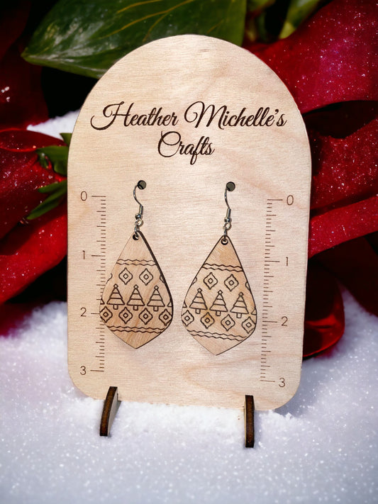 Earrings - Christmas Pattern Teardrops, natural engraved wood