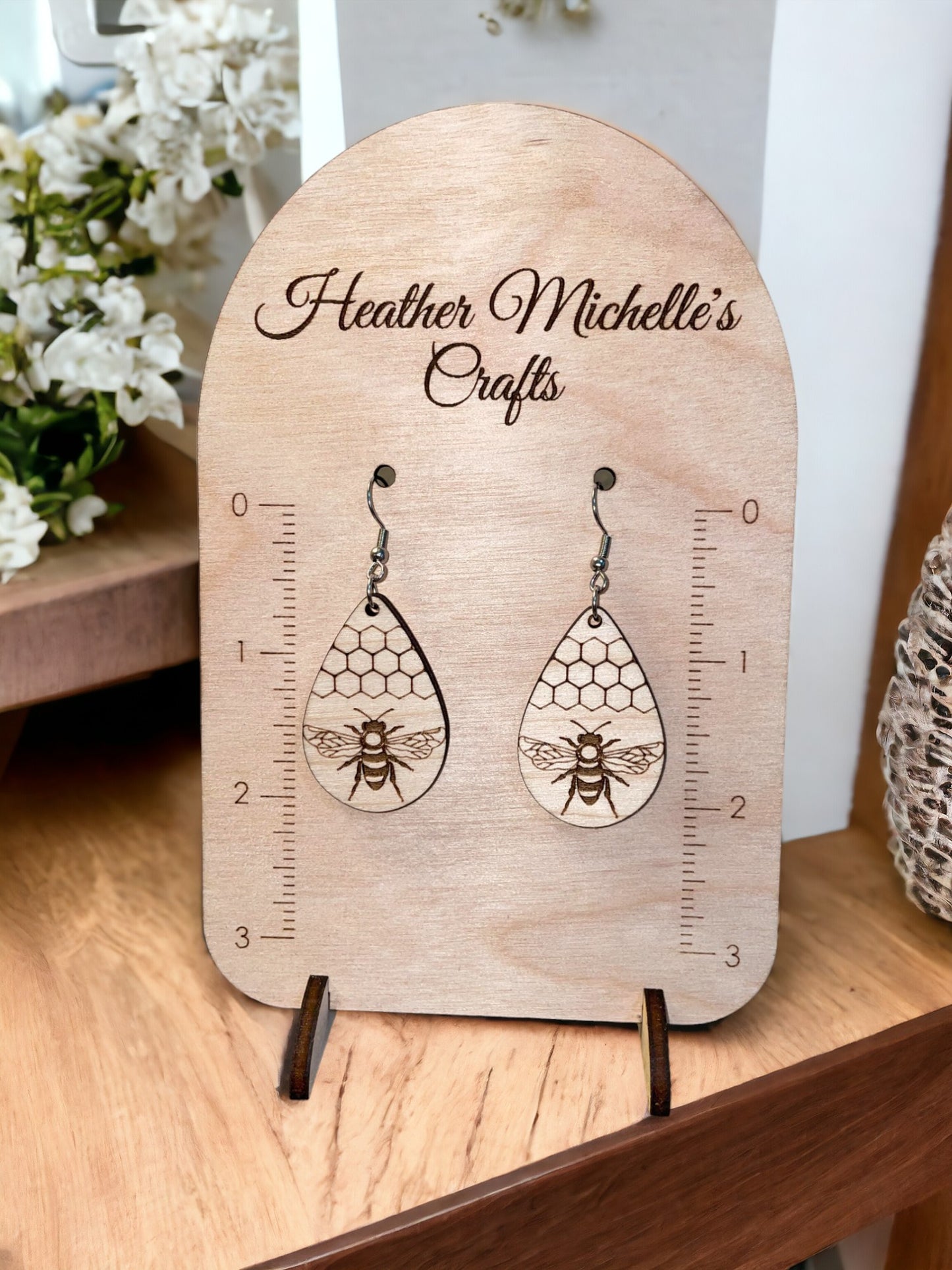 Earrings -Honey Bee Teardrop Dangle, natural engraved wood or hand painted options