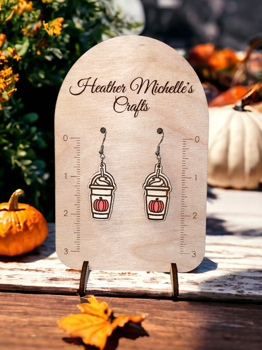 Earrings -Fall Pumpkin Coffee Dangle, Hot or Frozen, hand painted