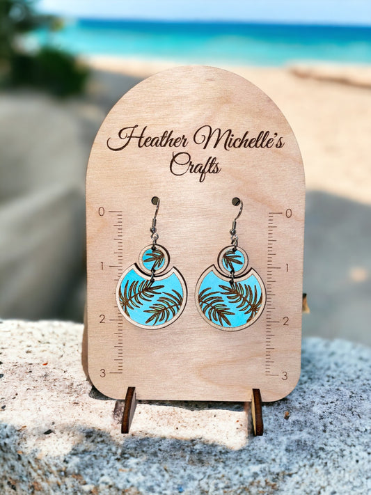 Earrings -Botanical Dangle, natural engraved wood or hand painted options