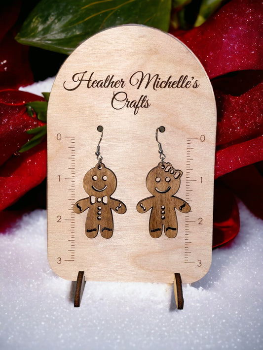 Earrings -Gingerbread Couple, Stained Wood