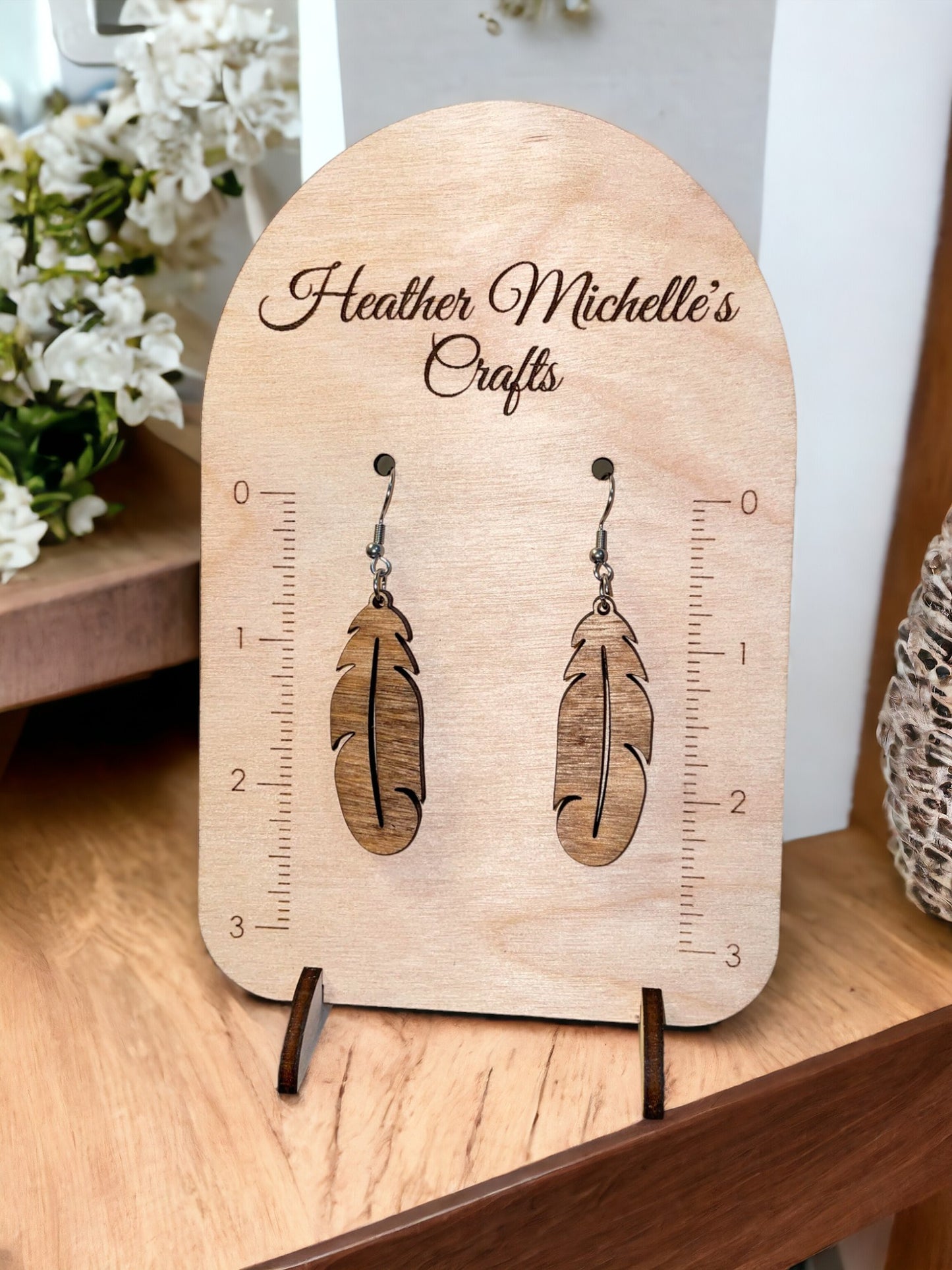 Earrings -Feather, natural engraved wood or Stained Wood options