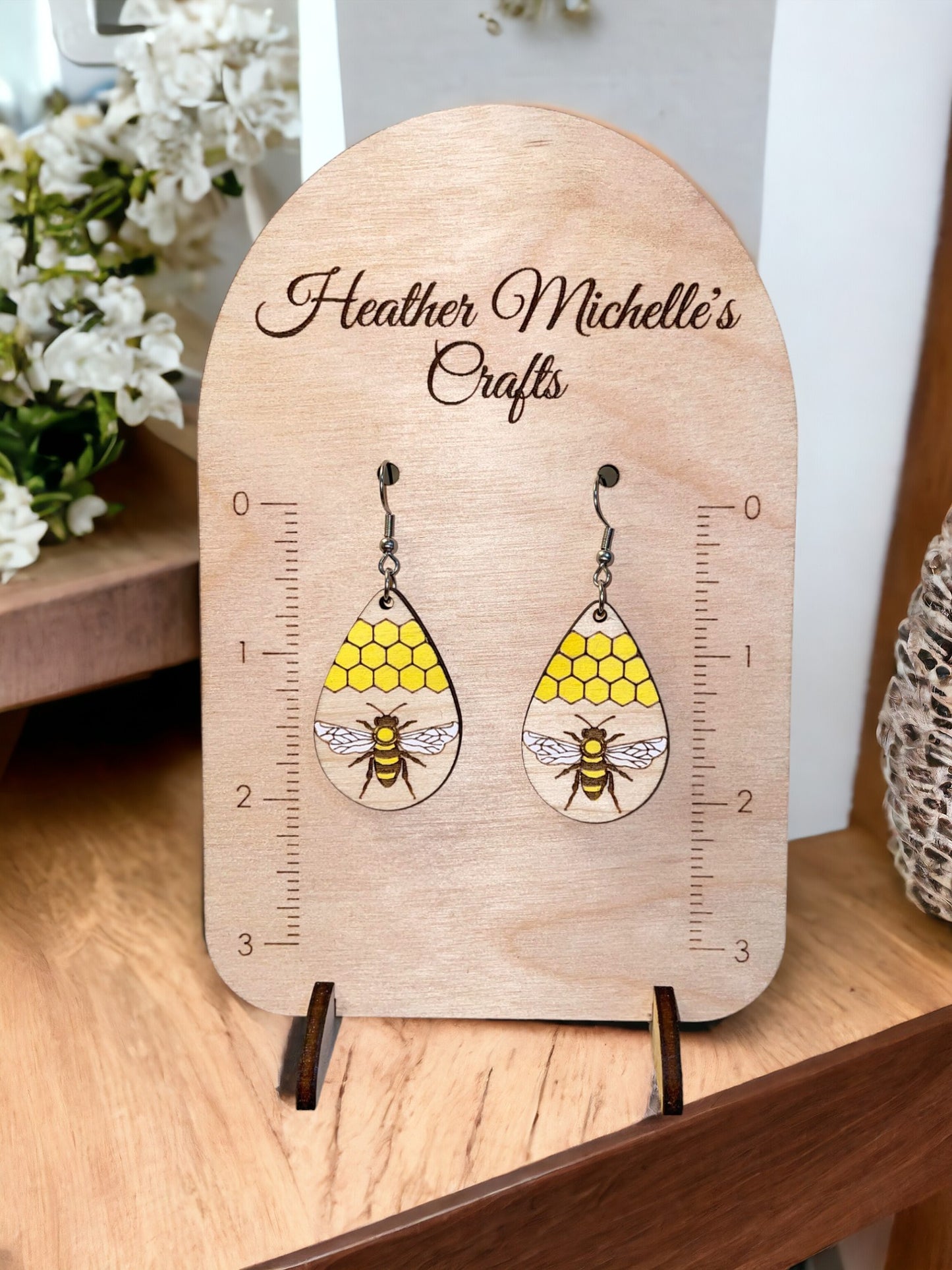 Earrings -Honey Bee Teardrop Dangle, natural engraved wood or hand painted options