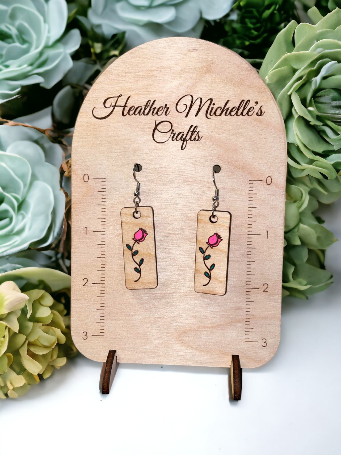 Earrings -Rose Dangle, natural engraved wood or hand painted options