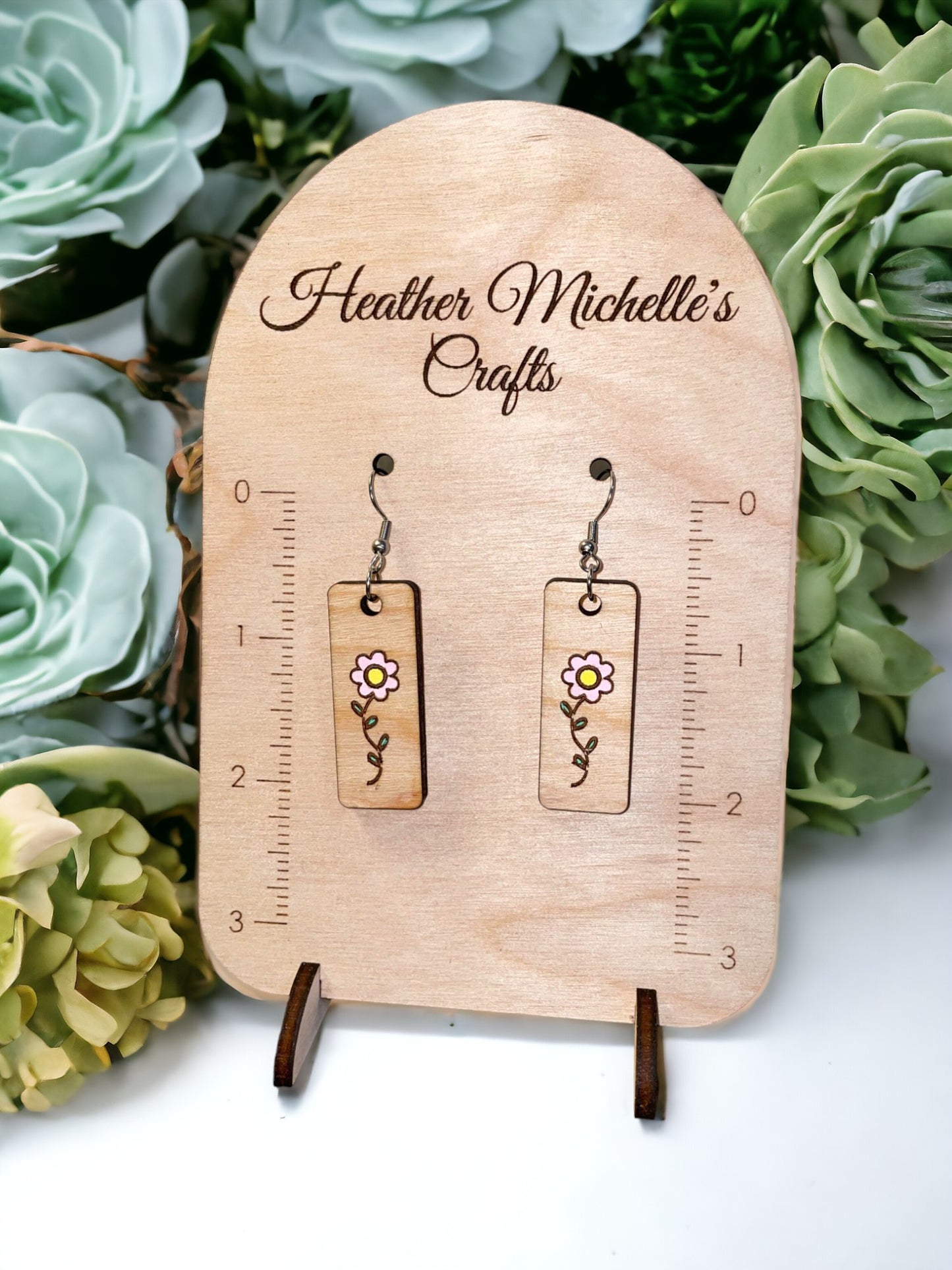 Earrings -Daisy Dangle, natural engraved wood or hand painted options