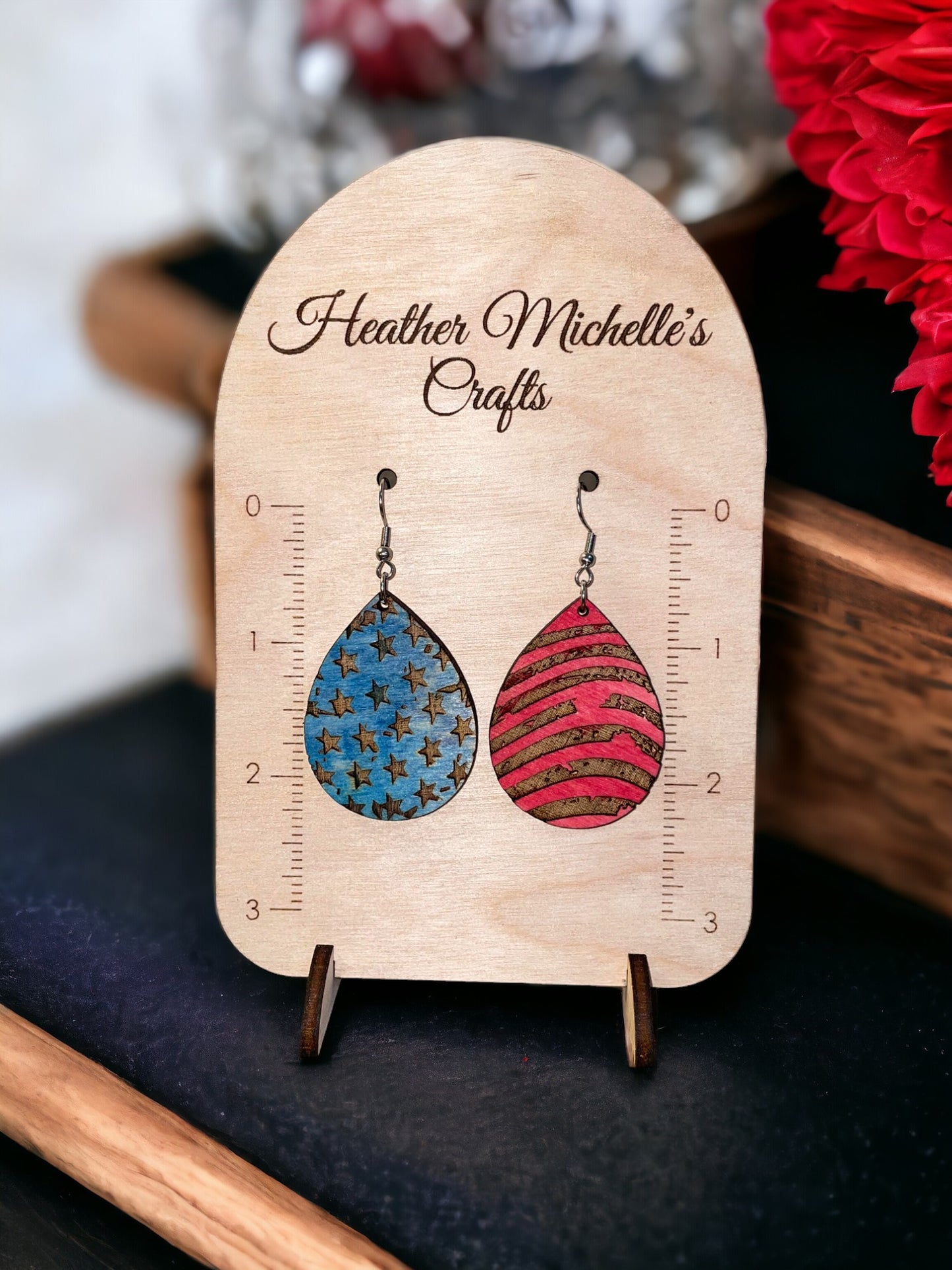 Earrings - Patriotic Star and Stipes Distressed Dangle, natural wood or stained color