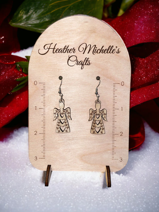 Earrings -Three Heart Angel, natural engraved wood