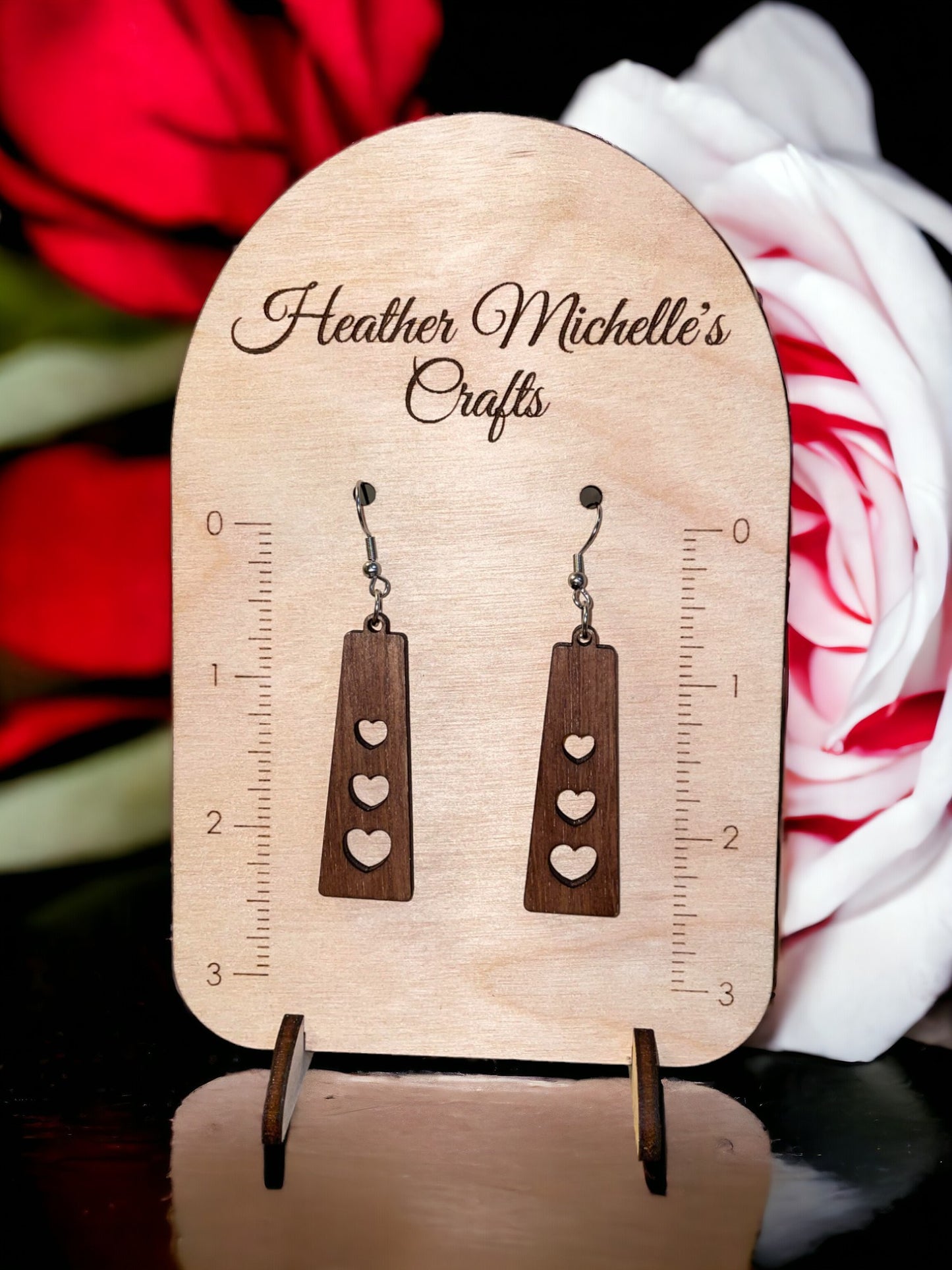 Earrings -Trapezoid Dangle with Heart Cutouts, natural wood or Color Wash Tint options