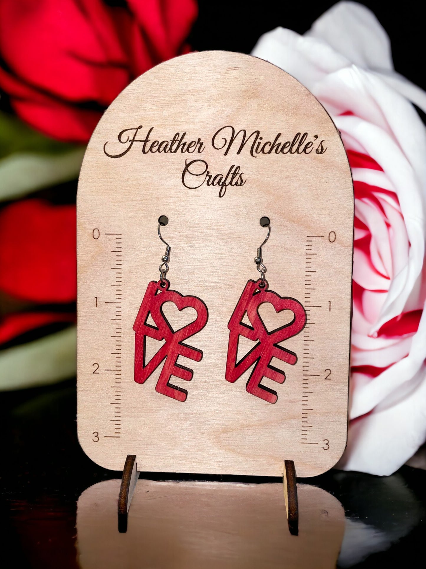 Earrings -LOVE Word Stack Dangle, natural engraved wood or Color Wash Tint options