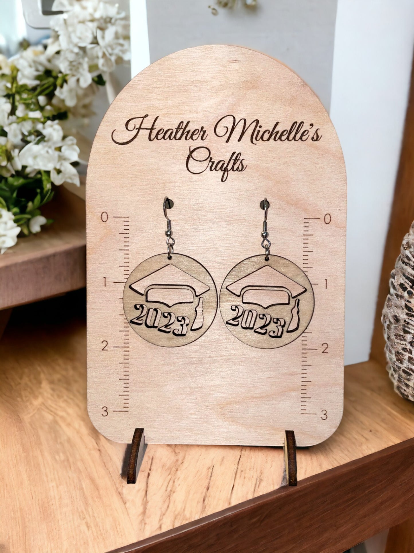 Earrings -Round Graduation 2023, natural engraved wood or Color Wash Tint options