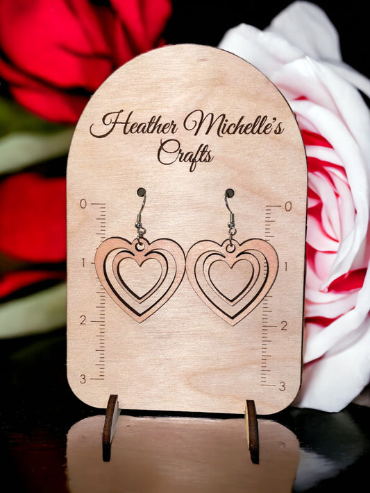 Earrings -Double Heart Dangle, natural engraved wood or Color Wash Tint options