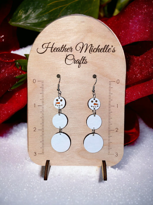 Earrings -Snowman Tiered Dangle, natural engraved wood or hand painted options