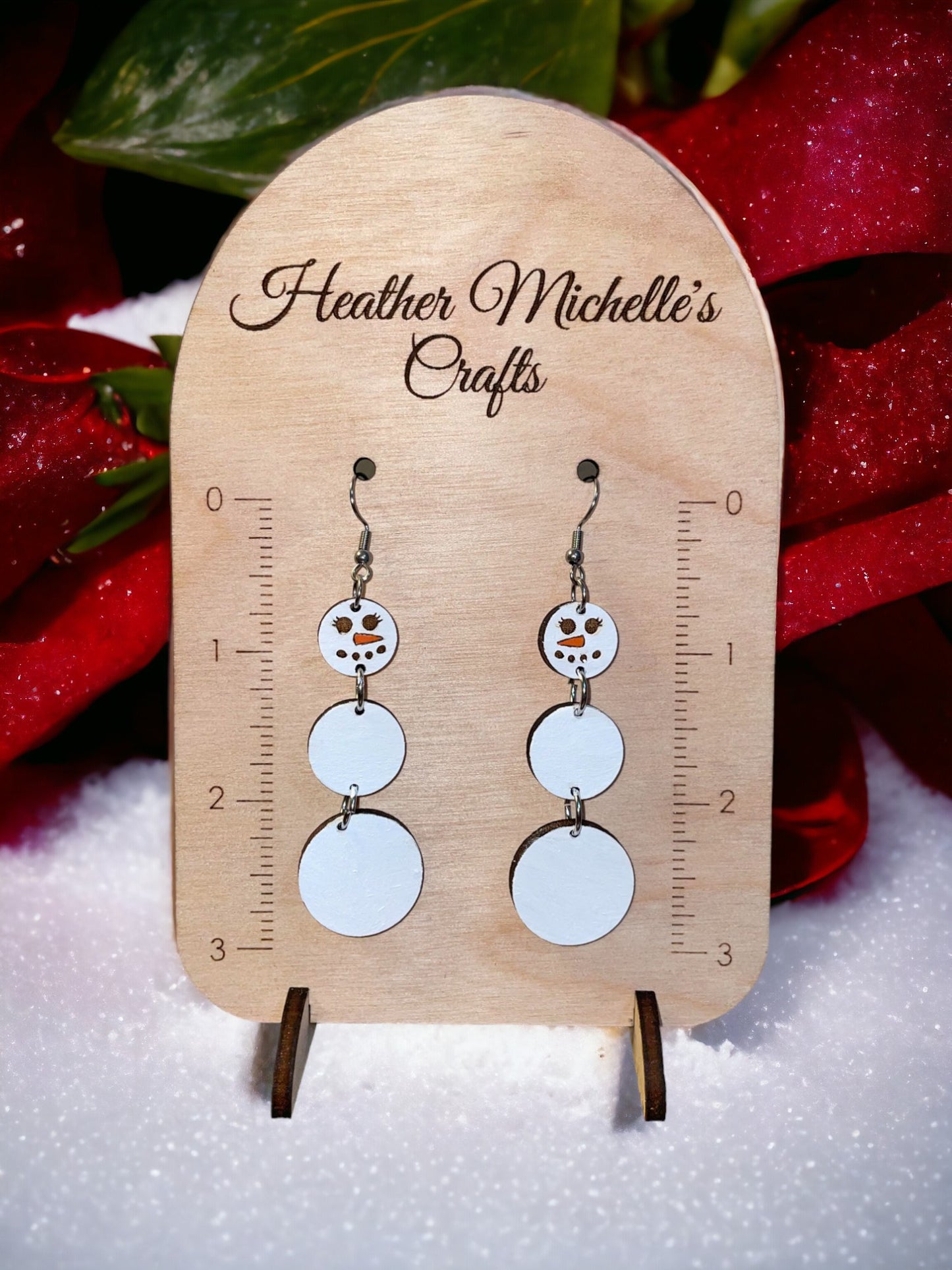 Earrings -Snow Woman Tiered Dangle, natural engraved wood or hand painted options